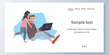 father using laptop spending time with daugter during coronavirus pandemic quarantine stay home concept isolated full length horizontal copy space vector illustrationのイラスト素材