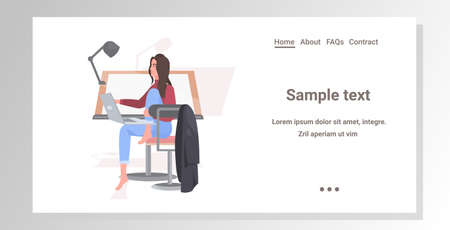 girl engineer or designer sitting at workplace using laptop modern architect office with adjustable drawing desk horizontal full length copy space vector illustrationのイラスト素材