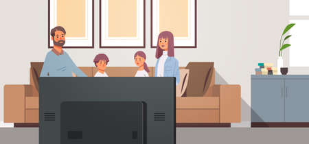 family watching TV daily news program parents with children sitting on couch modern living room interior horizontal vector illustrationのイラスト素材