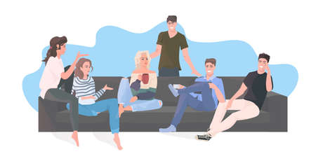 group of happy friends spending time together men women sitting on sofa having fun communication friendship concept horizontal full length isolated vector illustrationのイラスト素材