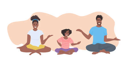 family doing yoga exercises african american parents with daughter sitting lotus pose healthy lifestyle concept flat full length horizontal isolated vector illustrationのイラスト素材