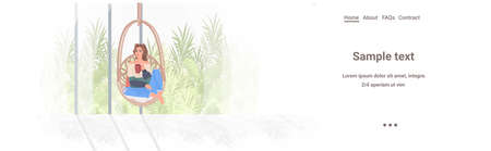 girl drinking coffe relaxing in hanging armchair modern living room interior horizontal copy space full length vector illustrationのイラスト素材