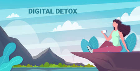 woman drinking coffee sitting on mountain cliff digital detox concept girl resting from gadgetsのイラスト素材