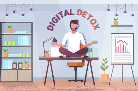 businessman sitting lotus pose on workplace table digital detox conceptのイラスト素材