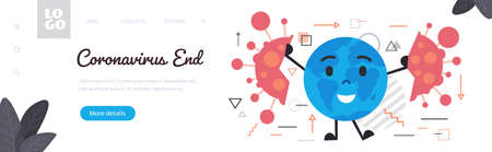 happy globe holding damaged coronavirus bacteria cell celebrating victory over corona virus pandemicのイラスト素材