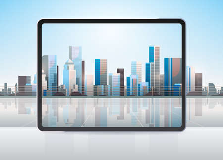 transparent tablet computer screen cityscape background realistic gadgets and devices conceptのイラスト素材