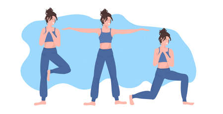 set woman doing different fitness exercises healthy lifestyle concept flat full lengthのイラスト素材
