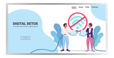 man woman unplugging wireless network digital detox rest from devices concept people abandoning internetのイラスト素材