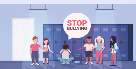 schoolboy being bullied by mix race classmates violence social anxiety stop bullying psychotherapy conceptのイラスト素材