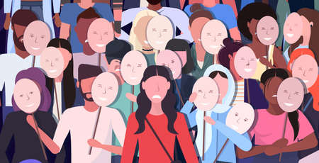 people crowd holding positive masks men women group covering face emotions behind masks depressionのイラスト素材
