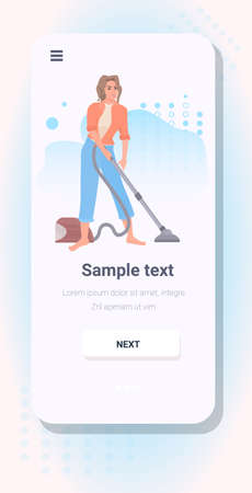 woman using vacuum cleaner girl cleaning floor housekeeping concept smartphone screen mobile app vertical copy space full length vector illustrationのイラスト素材
