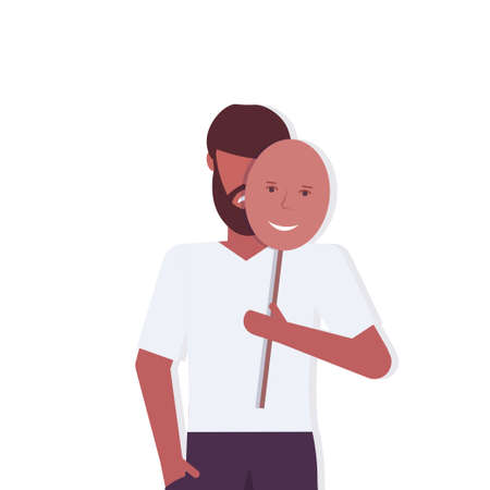 depressed man holding positive mask guy covering face emotions behind mask fake feeling depression mental disorder concept portrait vector illustrationのイラスト素材