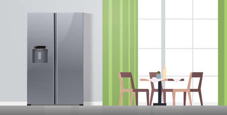 side by side refrigerator in modern kitchen interior home appliance concept horizontal flat vector illustrationのイラスト素材