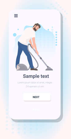 man using vacuum cleaner guy cleaning floor housekeeping concept smartphone screen mobile app vertical copy space full length vector illustrationのイラスト素材