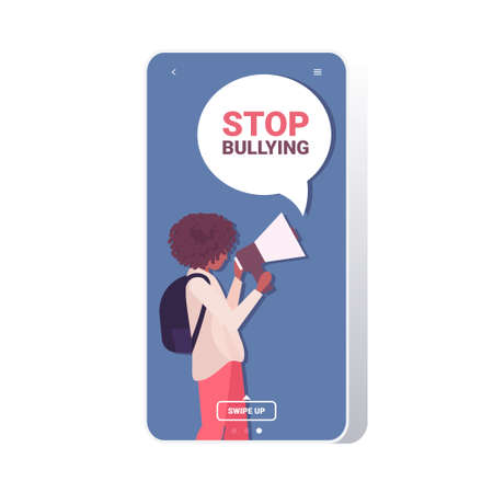 african american woman shouting into megaphone to stop bullying depressed girl announcing with loudspeaker psychotherapy concept smartphone screen copy space portrait vector illustrationのイラスト素材
