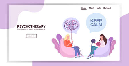 depressed woman visiting psychologist female psychotherapist consulting patient during psychotherapy session mental health depression concept horizontal full length copy space vector illustrationのイラスト素材