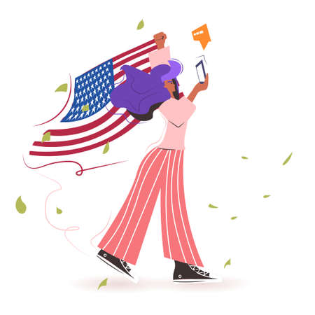 woman protester with american flag using smartphone campaign against racial discrimination black lives matter concept social problems of racism full length vector illustrationのイラスト素材