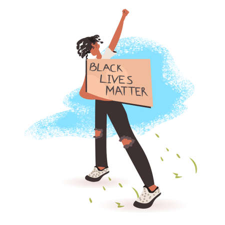 african american man holding black lives matter banner campaign against racial discrimination of dark skin color social problems of racism full length vector illustrationのイラスト素材