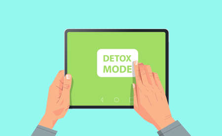 human hand press detox mode on tablet screen digital detox concept abandoning internet and social networks horizontal vector illustrationのイラスト素材
