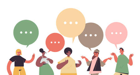 mix race people discussing during meeting chat bubble communication digital detox relaxation conceptのイラスト素材