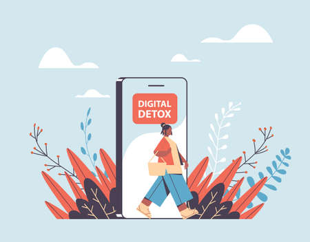 woman coming out of cellphone digital detox concept girl escaping from digital addictionのイラスト素材
