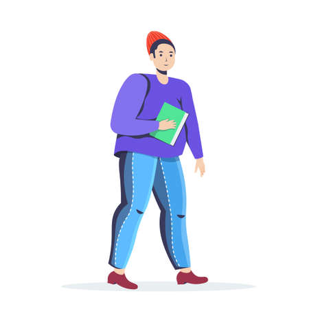 guy holding book student in casual trendy clothes male cartoon character standing pose full lengthのイラスト素材