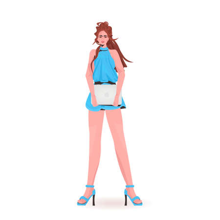 attractive woman holding laptop beautiful girl model in trendy clothes female cartoon character standing poseのイラスト素材