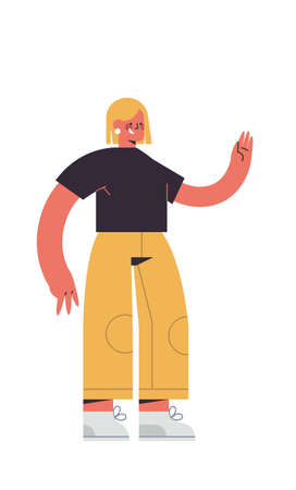 cute woman waving hand smiling girl in casual trendy clothes female cartoon character standing pose full length isolated vertical vector illustrationのイラスト素材