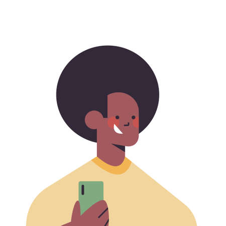 happy african american man using smartphone smiling guy avatar male cartoon character portrait vector illustrationのイラスト素材
