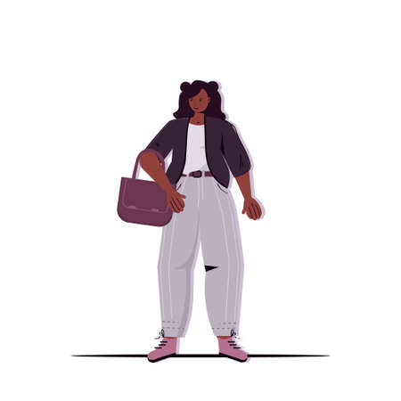 african american businesswoman in casual trendy clothes holding handbag female cartoon character standing pose full length isolated vector illustrationのイラスト素材