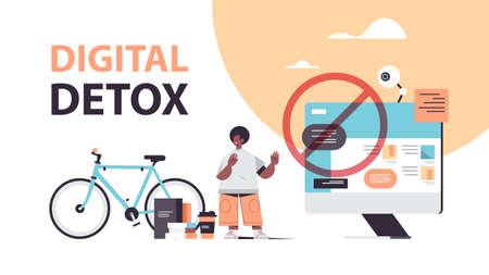 man making stop gesture with palm digital detox concept guy abandoning internet and social networks healthy lifestyle horizontal full length vector illustrationのイラスト素材