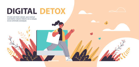 woman coming out of monitor screen digital detox concept girl spending time without gadgets abandoning internet and social networks full length horizontal copy space vector illustrationのイラスト素材