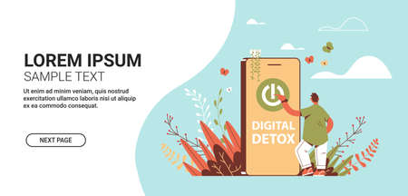 man press power button on smartphone screen digital detox vacation travel adventure conceptのイラスト素材