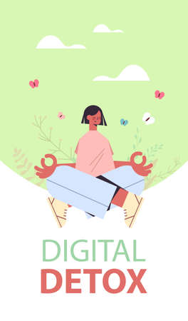 woman sitting lotus pose digital detox offline activities concept girl spending time without gadgetsのイラスト素材