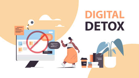 woman making stop gesture with palm digital detox concept girl abandoning internet and social...