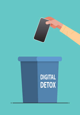 human hand throwing away smartphone in urn digital detox rest from devices concept abandoning internet and social networks vertical vector illustrationのイラスト素材