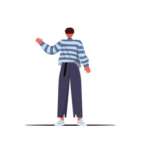 young man in casual trendy clothes waving hand male cartoon character standing pose