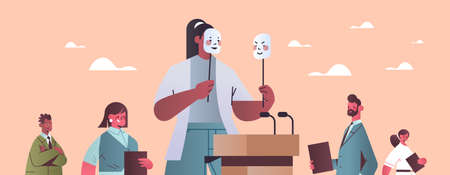 woman candidate politician covering face under masks with different emotions fake feeling election dayのイラスト素材