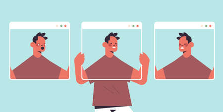 man holding screens with different masks guy covering face emotions fake feeling depression mental...