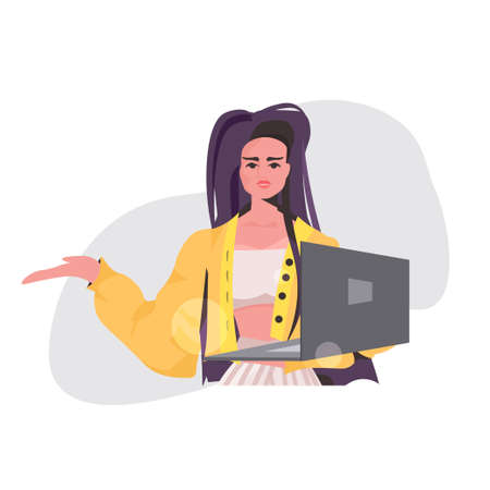 attractive woman using laptop beautiful girl model in trendy clothes female cartoon character portrait isolatedのイラスト素材
