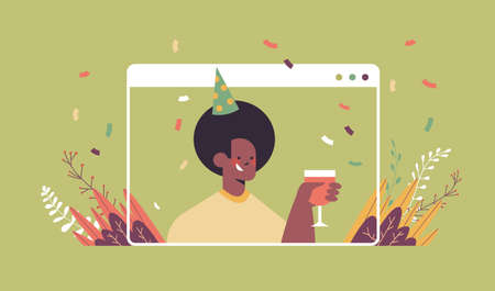 man in festive hat celebrating online birthday party african american guy in computer window drinking wineのイラスト素材