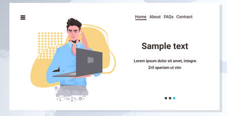 businessman holding laptop guy model in casual trendy clothes male cartoon character portraitのイラスト素材