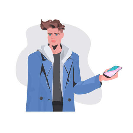 man using smartphone guy model in trendy casual clothes male cartoon characteÐº portraitのイラスト素材