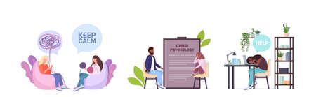 set upset people visiting psychologist depression problems stress bullying psychotherapy conceptのイラスト素材