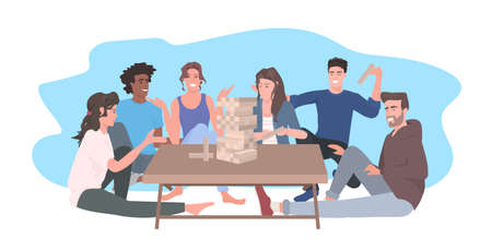 people playing jenga spending time together mix race friends having fun table games conceptのイラスト素材