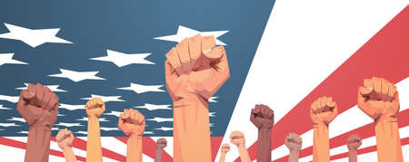 raised up mix race fists over united states flag 4th of july banner independence day holiday concept horizontal vector illustrationのイラスト素材