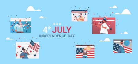 people in web browser windows celebrating 4th of july independence day concept chat bubble communication online meeting horizontal portrait vector illustrationのイラスト素材