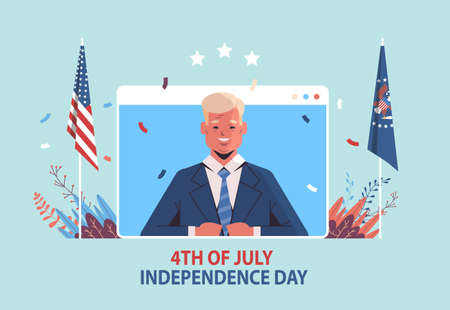 american president in web browser window celebrating independence day holiday 4th of july concept horizontal portrait vector illustrationのイラスト素材
