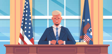 4th of july celebration united states president speaking to people american independence day concept oval office white house interior horizontal portrait vector illustrationのイラスト素材