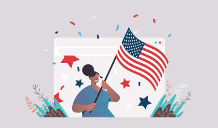 woman in web browser window holding usa flag celebrating 4th of july american independence day concept horizontal portrait vector illustrationのイラスト素材